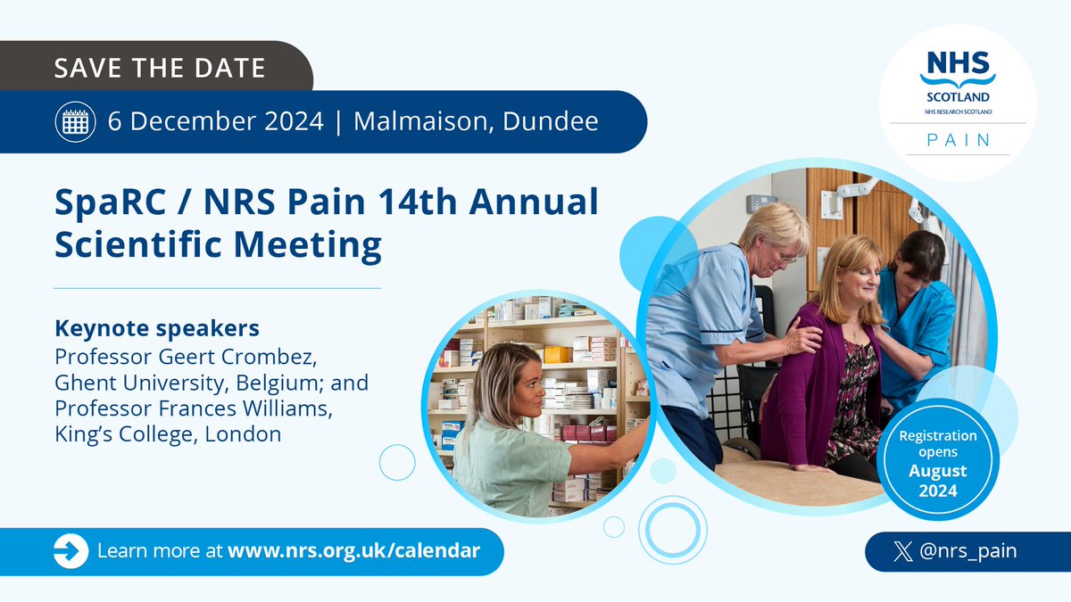 🤩 Save the date for Scottish Pain Research Community's 14th Annual Scientific Meeting! We hope you join us on Friday 6th of December in Dundee to learn about the latest Scottish pain research and hear from our keynote speakers Prof @GeertCrombez and Prof Frances Williams