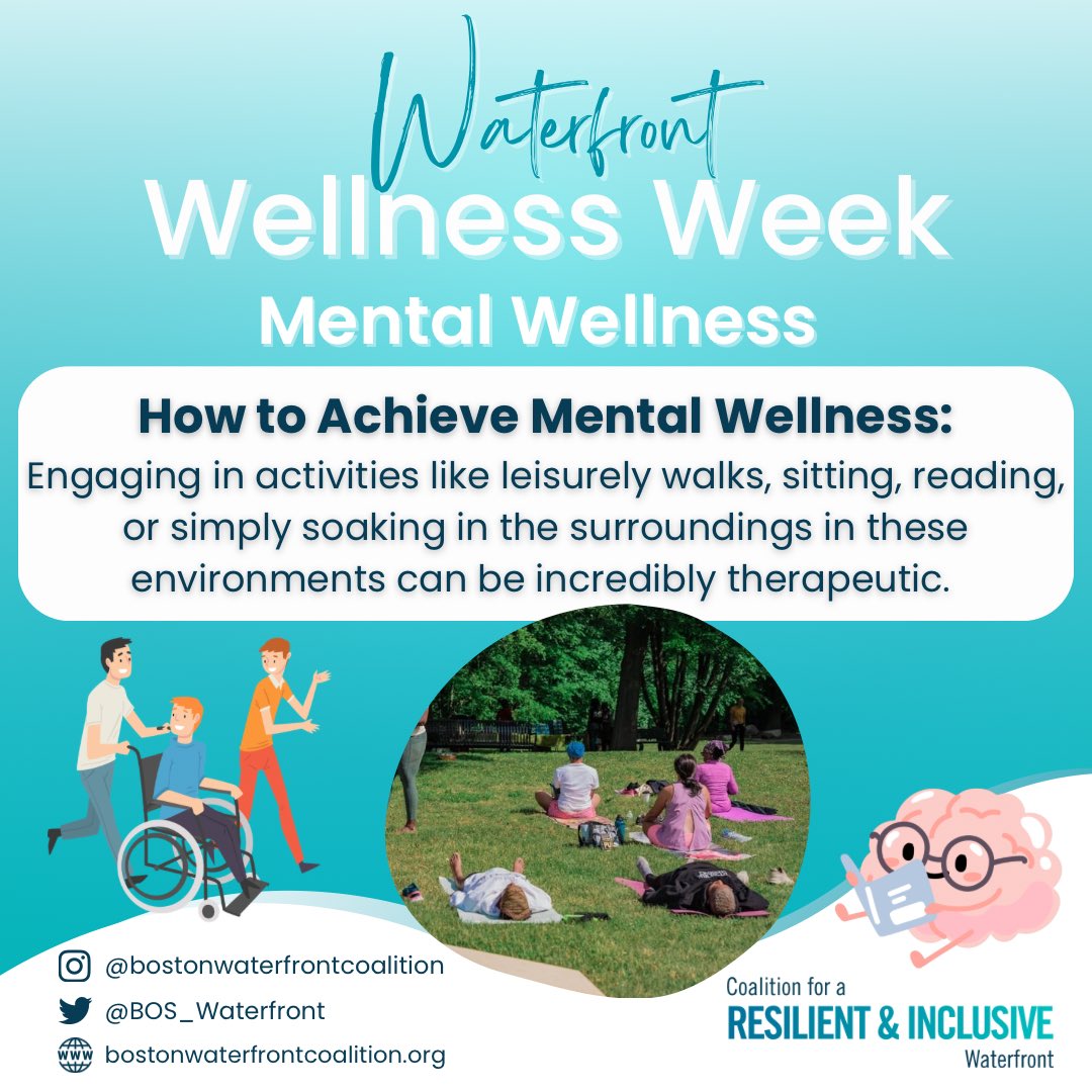 (1/2) First up in our series of health and wellness benefits of the public waterfronts around Boston is Mental Wellness! Spending time at any of the many blue and green spaces around Boston's waterfront can improve mental health.