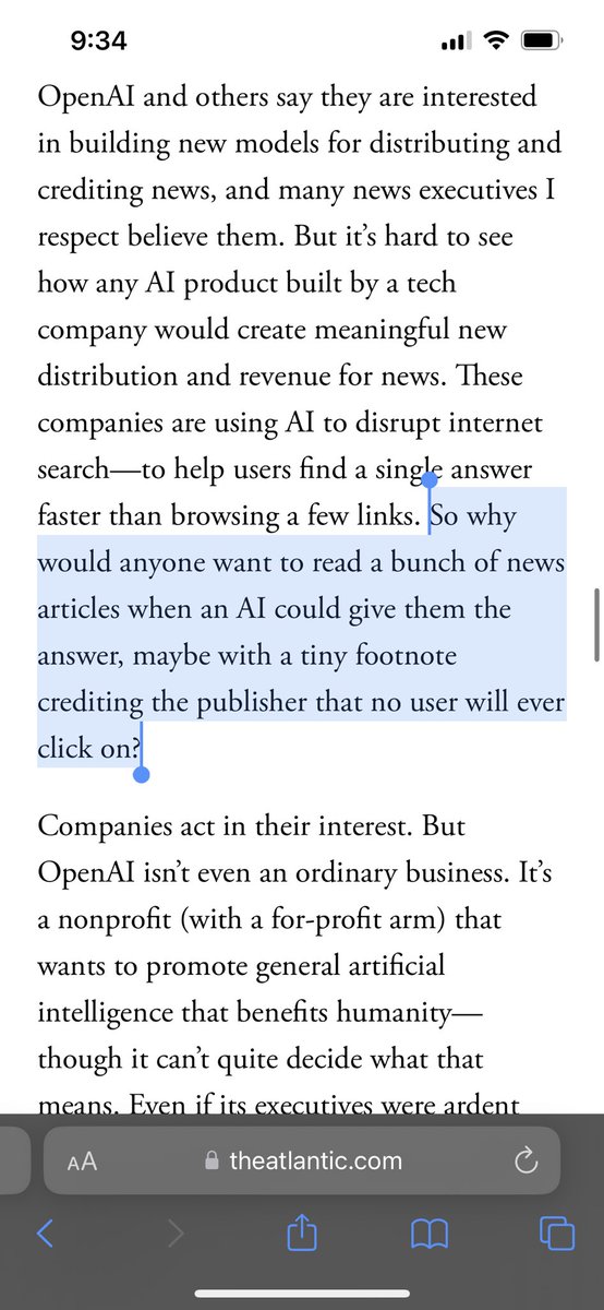 Excellent piece by @Jessicalessin. My question regarding the shortsighted AI/media partnerships is what’s the end game here? The goal for AI companies is to provide media outputs without the reader needing to go to the media site. But what happens when those media outlets go