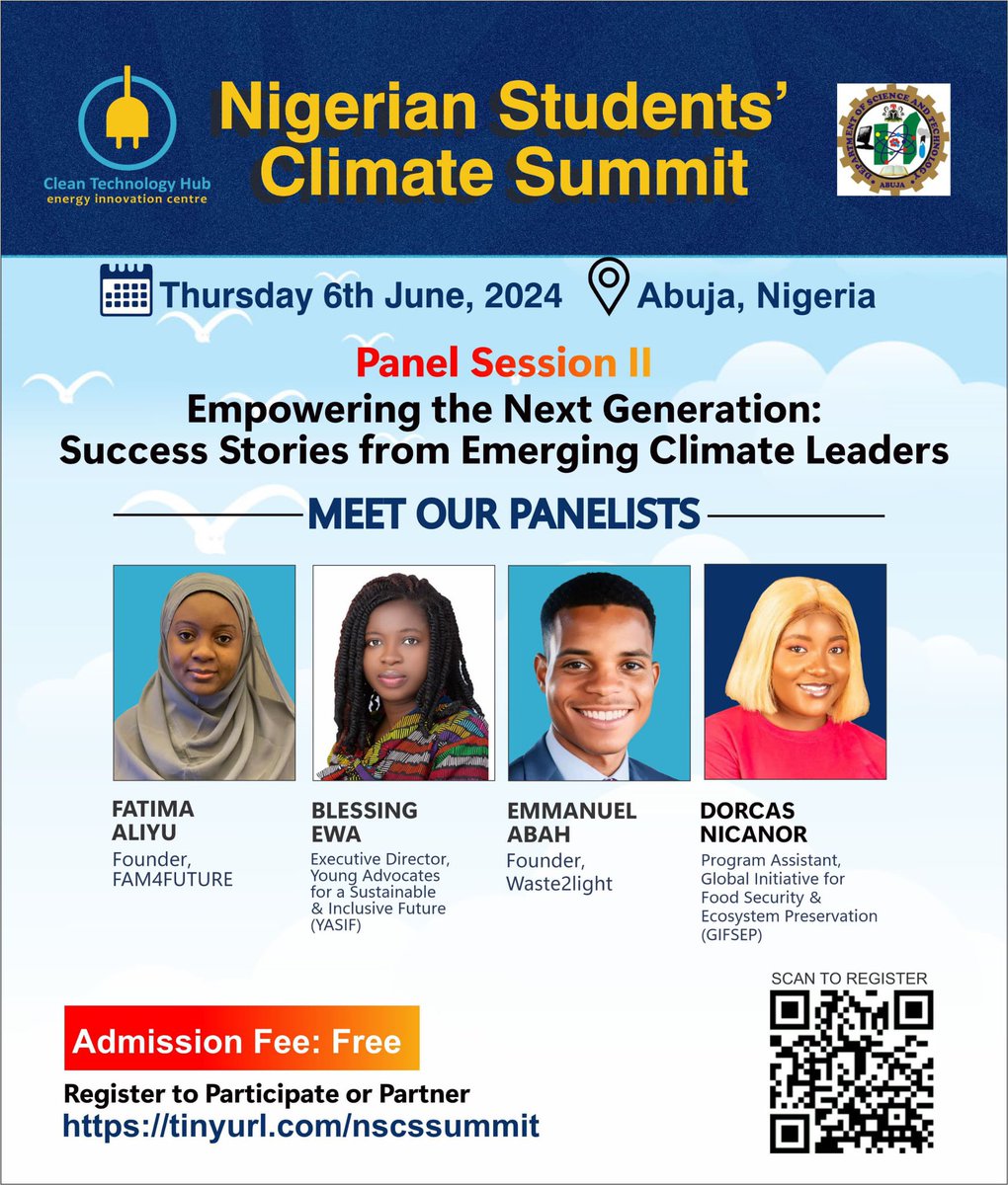 Meet our Panelists! The Nigerian Students Climate Summit is one of the largest youth convergence on climate change led by the youths in Nigeria. Mark your calendar for the upcoming event on June 6th, 2024 in Abuja. To participate or partner visit: tinyurl.com/nscssummit