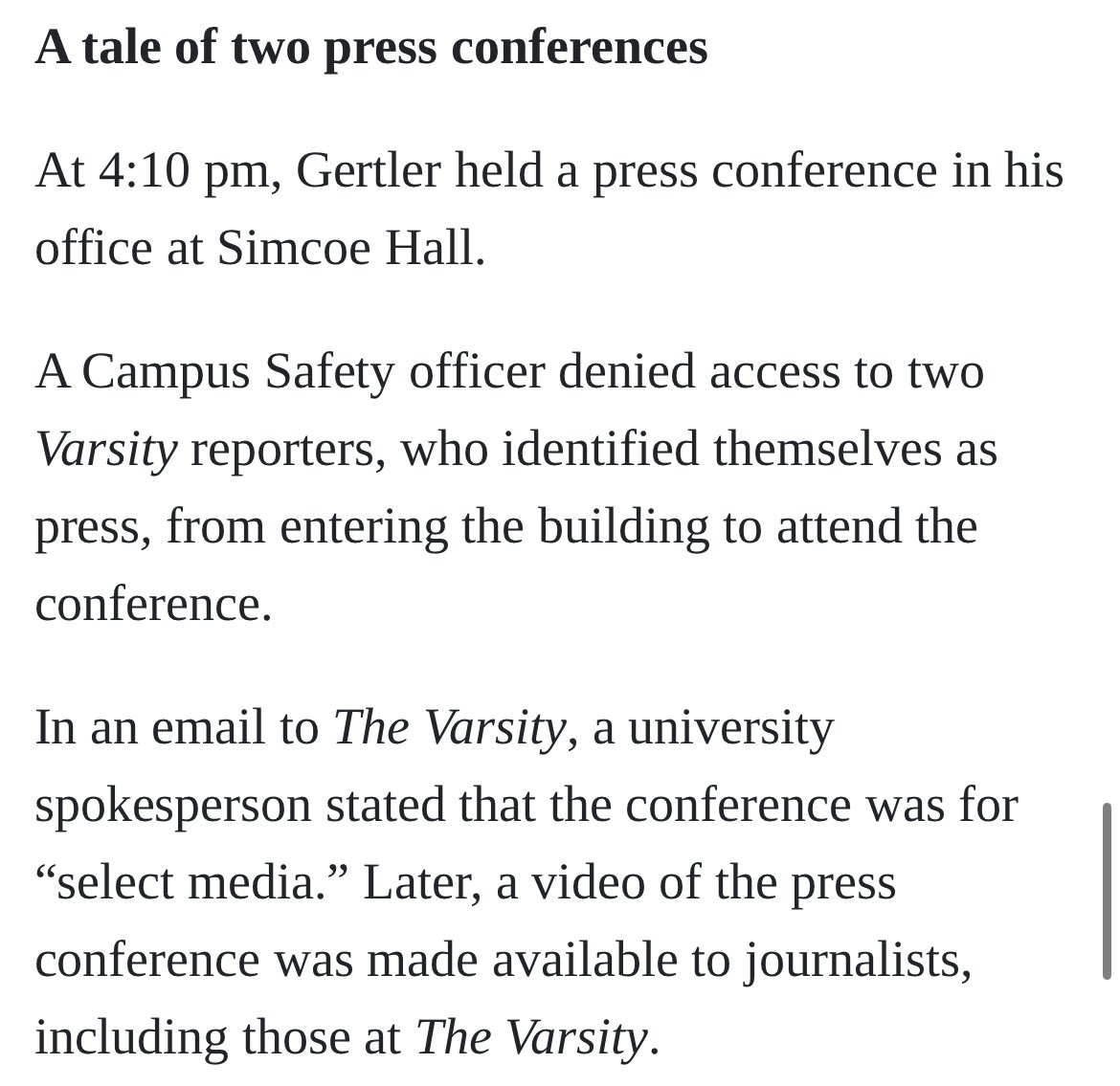 So @UofT held a press conference which wasn’t open to their own campus media?! Reporters at @TheVarsity have been doing an amazing job covering the encampment (and have a track record of excellent campus coverage) This disrespect to student media is despicable. @CanUniPress