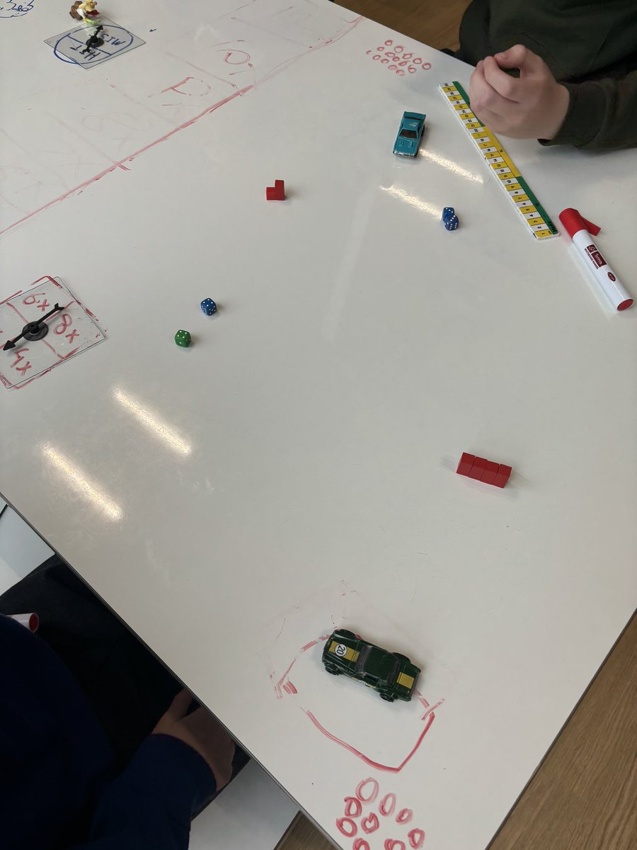 Whiteboard tables: endless possibilities This morning first 20 minutes was ‘create your own times table game’ and this pair made a destruction derby game. Roll a dice, spin and multiply, then move that amount. Extra points for hitting the boxes (red cubes) #playinupperprimary