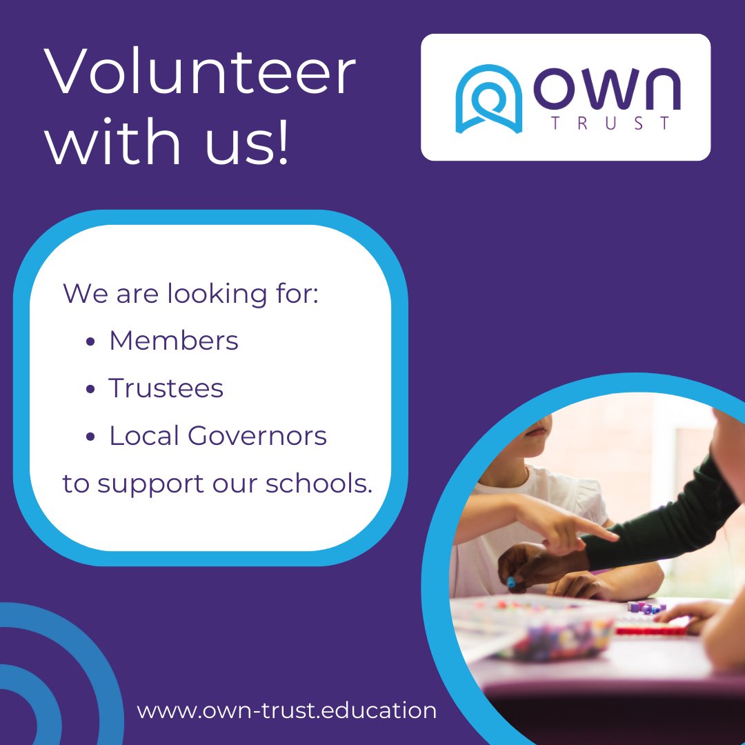 OWN Trust (@trust_own) on Twitter photo Would you like to volunteer at OWN Trust as a Member, Trustee or Local Governance Committee Member?
We are currently recruiting volunteers for these essential roles that enable our children to thrive and our schools to flourish.
For more details: own-trust.education/governance-vol… Would you like to volunteer at OWN Trust as a Member, Trustee or Local Governance Committee Member?
We are currently recruiting volunteers for these essential roles that enable our children to thrive and our schools to flourish.
For more details: own-trust.education/governance-vol…