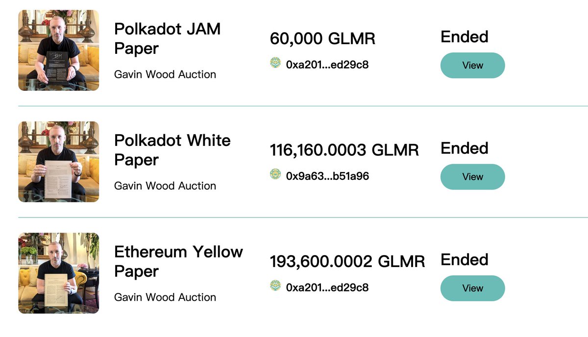 🎉 Congrats to the three anonymous addresses for winning the bids on the @Polkadot whitepaper, #JAM grey paper, and #Ethereum yellow paper signed by Gavin! 📝 In the final minutes, a frenzy of bidding brought the total highest bids to over 369,000 GLMR, raising more than $92,000
