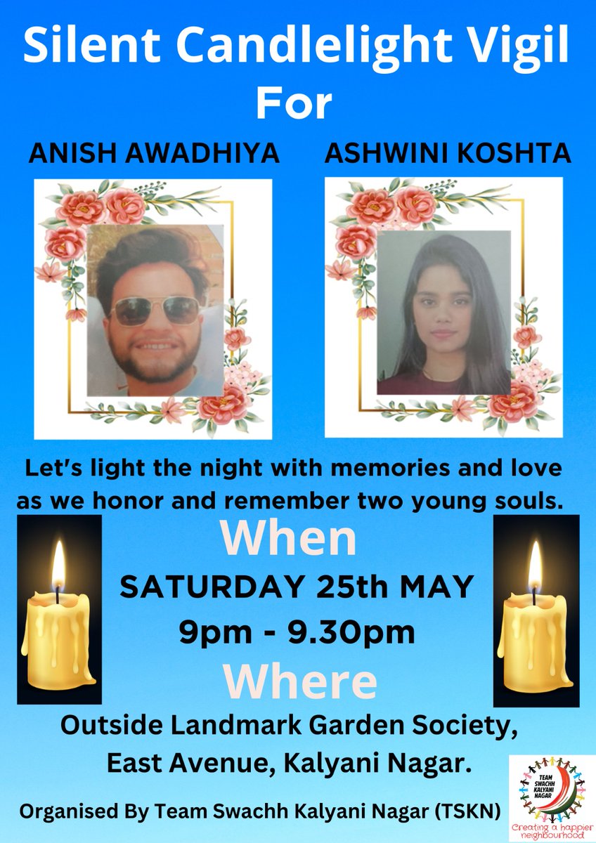 Silent Candlelight Vigil for 'Anish Awadhiya' and 'Ashwini Koshta'.🕯️
Details Below...👇
#PuneHitAndRun #PuneCarAccidentCase #CandleLightVigil #Pune