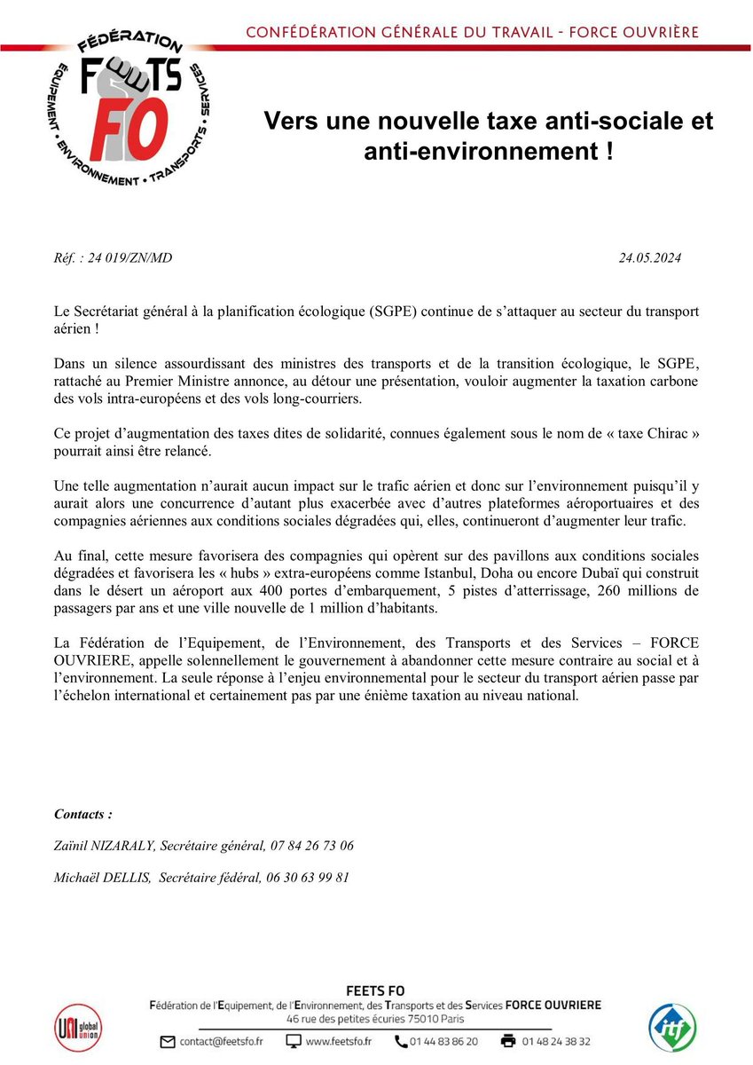 Vers une nouvelle taxe anti-sociale et anti-environnement ! <a href="/force_ouvriere/">force_ouvriere</a> <a href="/SouillotFo/">Souillot Frédéric</a> <a href="/FeetsFO/">FEETS FO</a> <a href="/ZNizaraly/">Zainil Nizaraly</a> 

Lien vers le communiqué : transport-aerien.feetsfo.fr/posts/vers-une…