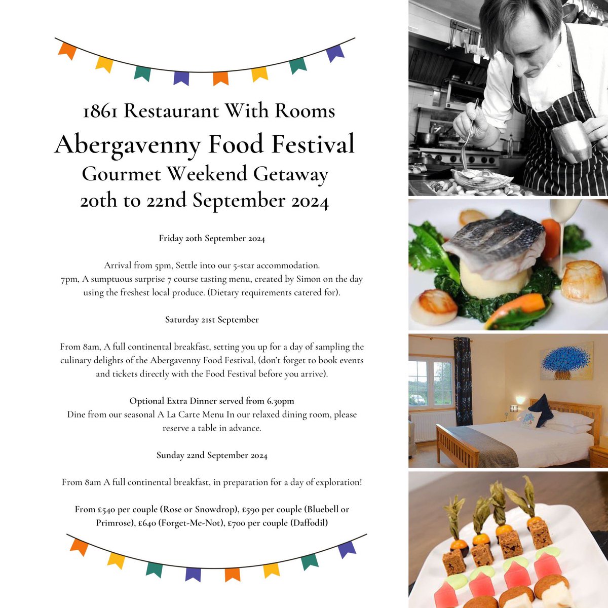 Join us for a gourmet getaway for the Abergavenny Food Festival in September 🍽️ 

* Stay in one of our 5-star rooms in the tranquil countryside
* Enjoy a sumptuous, surprise 7-course tasting menu on food festival eve
* Explore one of the UK’s best food festivals

1/2

#foodies