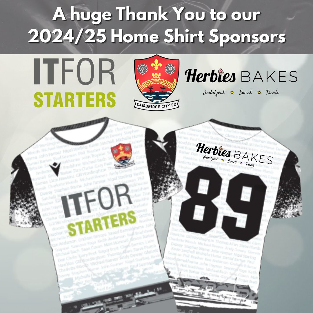 Cambridge City FC (@cambridgecityfc) on Twitter photo Introducing our home shirt sponsors for 2024/25
<a href="/itforstarters/">IT For Starters</a> & Herbies Bakes
We're delighted to have you onboard and look forward to a fantastic season.
THANK YOU 🙏 Introducing our home shirt sponsors for 2024/25
<a href="/itforstarters/">IT For Starters</a> & Herbies Bakes
We're delighted to have you onboard and look forward to a fantastic season.
THANK YOU 🙏