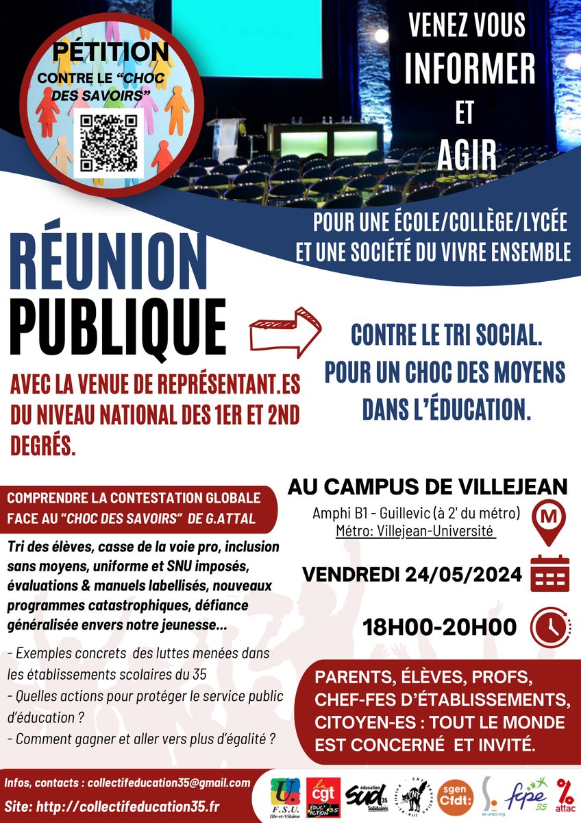 snes_35's tweet photo. Réunion publique contre le chic des savoirs et pour un choc des moyens, ce soir vendredi 24 mai 18h, en direct ici sur YT: https://t.co/S8lTraNSNJ https://t.co/NvLWkV7MW0