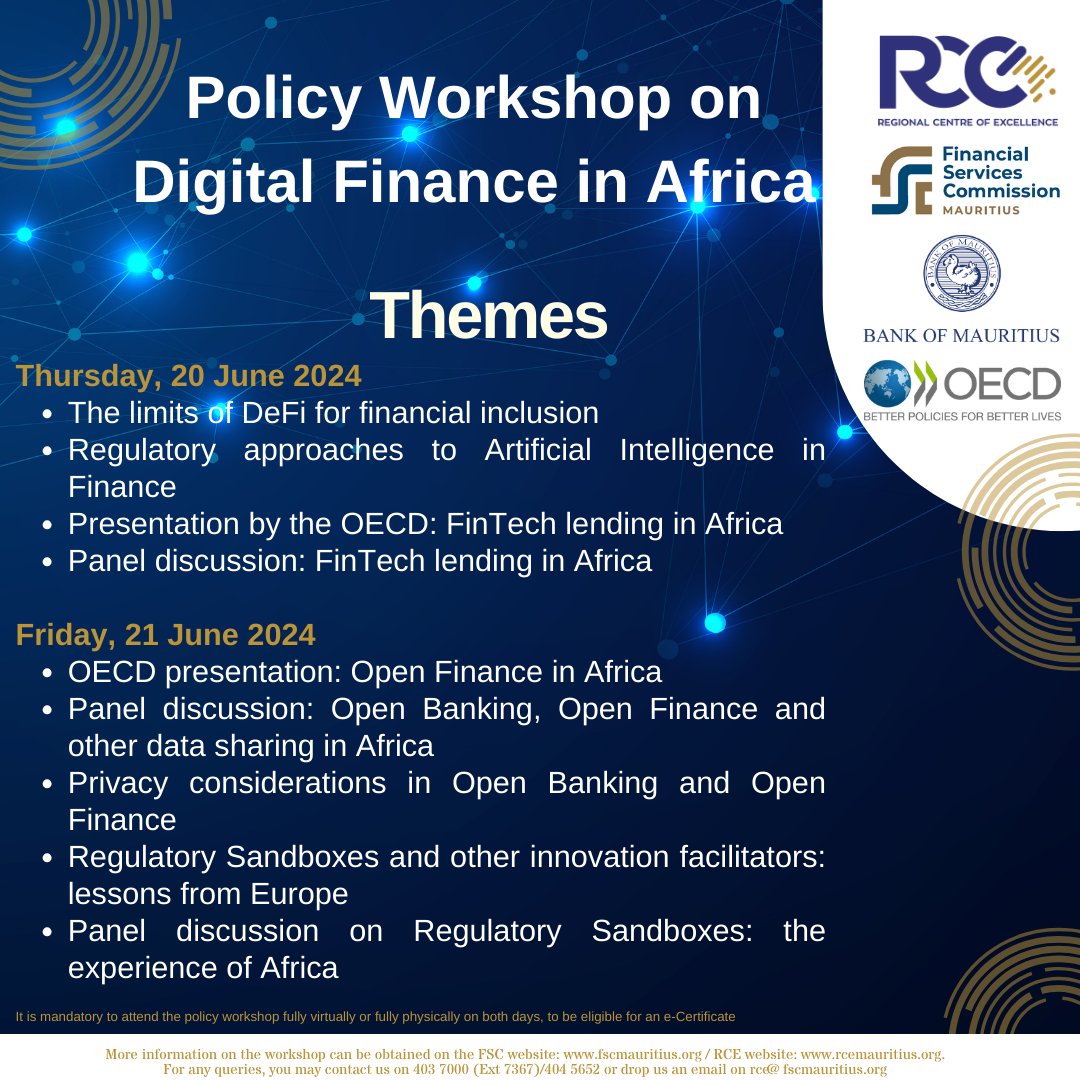 Themes which will be explored during the policy workshop on Digital Finance in Africa.  

Participants will be entitled upto 9 CPD units from the ACCA &amp; upto 6 PL credits from the CFASM

Register on: lnkd.in/de78NgxP