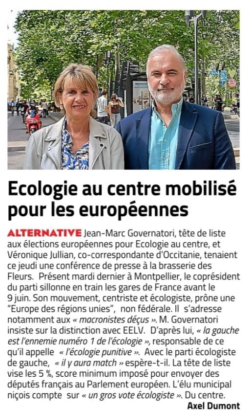 'L'Ecologie au centre s'adresse aux Macronistes déçus et ceux qui considèrent que la gauche est l'ennemie n°1 de l'écologie' JM Governatori.➡️Distinguez nous d'#EELV qui véhicule une écologie punitive❌️Nous sommes Pragmatiques✅️ #ElectionsEuropéennes2024 #ChangeonsLEurope✅️