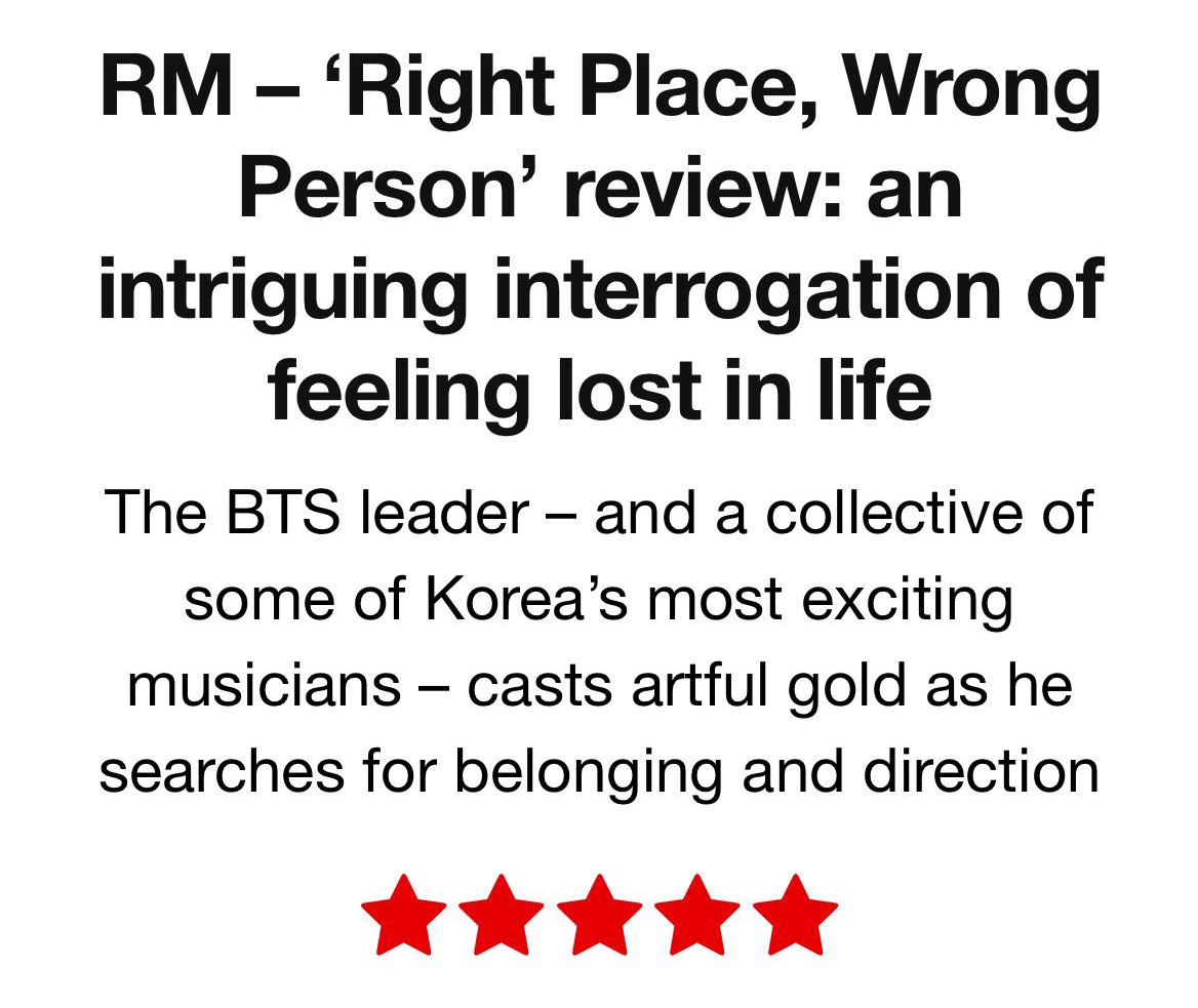 btschartsxdaily's tweet photo. [NEWS] @NME giving 5/5 stars for #RM’s “Right Place, Wrong Person”! 🎉

CONGRATULATIONS RM https://t.co/vwd580SvJk
