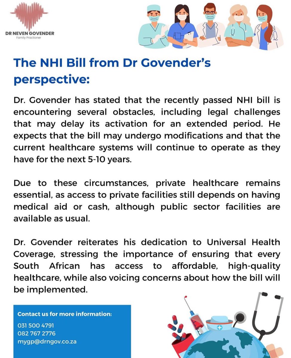 drngov1's tweet photo. Dr Govender remains committed to Universal Health Coverage, advocating for accessible, quality healthcare for all South Africans whilst voicing his concern about the bill’s implementation. 🩺🥼

#HealthForAll #NHIUpdate #nhi #nhibill https://t.co/G3wFGkbRsA