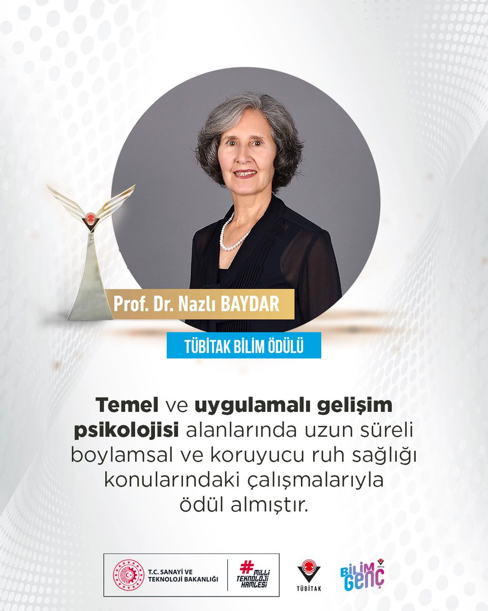 👩‍🔬 Prof. Dr. Nazlı Baydar, 2023 yılı TÜBİTAK Bilim, Özel, Hizmet ve Teşvik Ödülleri kapsamında Sosyal ve Beşeri Bilimler alanında yaptığı önemli çalışmalarıyla Bilim Ödülü almaya hak kazandı. 🏆 ✨ Temel ve Uygulamalı Gelişim Psikolojisi alanındaki çalışmaları ile ödüle layık