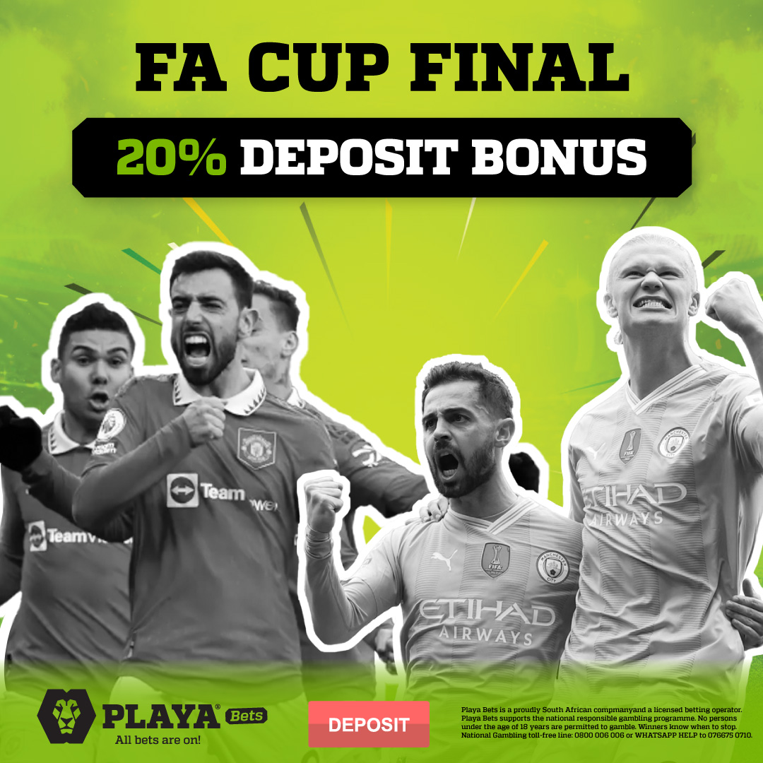 FA Cup Final Deposit BONUS 🤑 Boost your gameplay by depositing now and enjoy a 20% bonus on your deposit, capped at R10,000 in deposits! 💚 📅 Offer valid from 24-25 May 2024. Deposit & claim your bonus now: playabets.click/o/r8rslU Ts & Cs Apply. #PlayaPromos