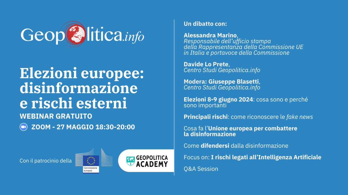 💻Partecipa al webinar 'Elezioni europee: disinformazione e rischi esterni' 🗓️27 maggio - 18.30 🎙️✍️Parleremo delle elezioni europee di giugno, dei principali rischi legati alla disinformazione e cosa fa l'UE per combattere le fake news. Iscriviti ➡️ t.ly/N2iNM