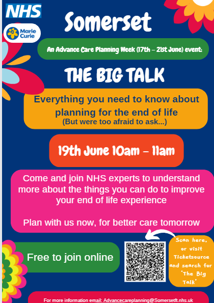 SomEOLC's tweet photo. 📢Delighted to announce this this #SomersetACPWeek we will be putting on The Big Talk, answering all those important planning ahead questions! This is a FREE online event, open to everyone!
🗓️19th June, 10-11am
Register online to join us!
https://t.co/EPvKk0Mg65 https://t.co/hKymEkdYjN