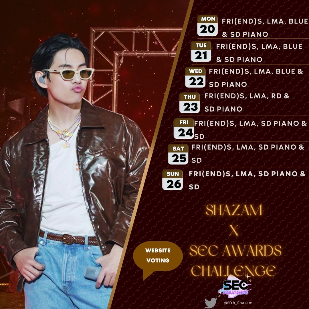 Dear Tae lovers,we are at fifth day of Our SHAZAM× SECA CHALLENGE. 🎯100ss within 5 hours from any of these.👇 ✅ Shazaming SS of FRIENDS, LMA, SDP and SD. ✅ Unlimited voting for V & LAYOVER 1) Asian Artist zrr.kr/BTGq 2) Album zrr.kr/5H9EC (PW: 2024)