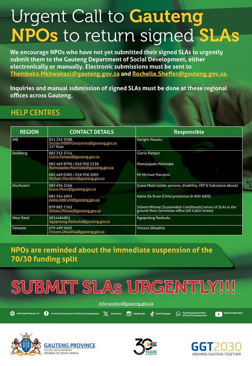 Gauteng NPOs are urged to return signed SLAs urgently , for further enquiries please contact the help centres. #GGT2030 #NPOEngangement @MbaliHlopheSA