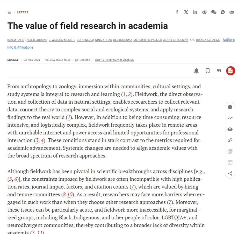 science.org/doi/10.1126/sc… Not necessarily for academia only, it is important to recognize the value of field research. I couldn't agree more with this letter! I am copying some screenshots here and below for those without access to the journal