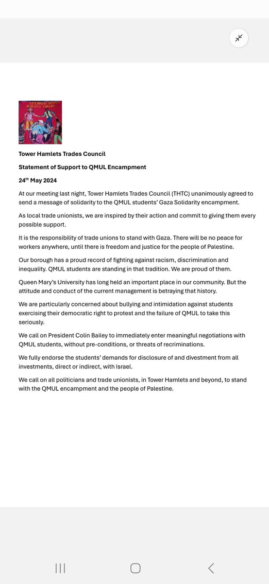 Glyn Robbins (@robbins_glyn) on Twitter photo Statement to <a href="/qmulaction4pal/">QMUL Actions For Palestine</a> from <a href="/TowerHamletsTC/">Tower Hamlets Trades Council</a>
<a href="/STWuk/">Stop the War</a>
<a href="/PSCupdates/">Palestine Solidarity Campaign</a>
<a href="/ApsanaBegumMP/">Apsana Begum MP</a>
<a href="/QMULPalestine/">Queen Mary Palestine Solidarity</a>
<a href="/qm_ucu/">Queen Mary UCU</a>
#FREEPALESTİNE
#Cease_fire_In_Gaza_Now Statement to <a href="/qmulaction4pal/">QMUL Actions For Palestine</a> from <a href="/TowerHamletsTC/">Tower Hamlets Trades Council</a>
<a href="/STWuk/">Stop the War</a>
<a href="/PSCupdates/">Palestine Solidarity Campaign</a>
<a href="/ApsanaBegumMP/">Apsana Begum MP</a>
<a href="/QMULPalestine/">Queen Mary Palestine Solidarity</a>
<a href="/qm_ucu/">Queen Mary UCU</a>
#FREEPALESTİNE
#Cease_fire_In_Gaza_Now