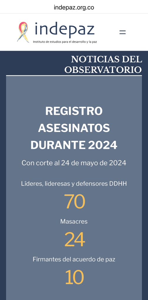 Noticias del observatorio Registro asesinatos durante 2024 Líderes, firmantes y masacres Con corte al 24 de mayo de 2024 indepaz.org.co