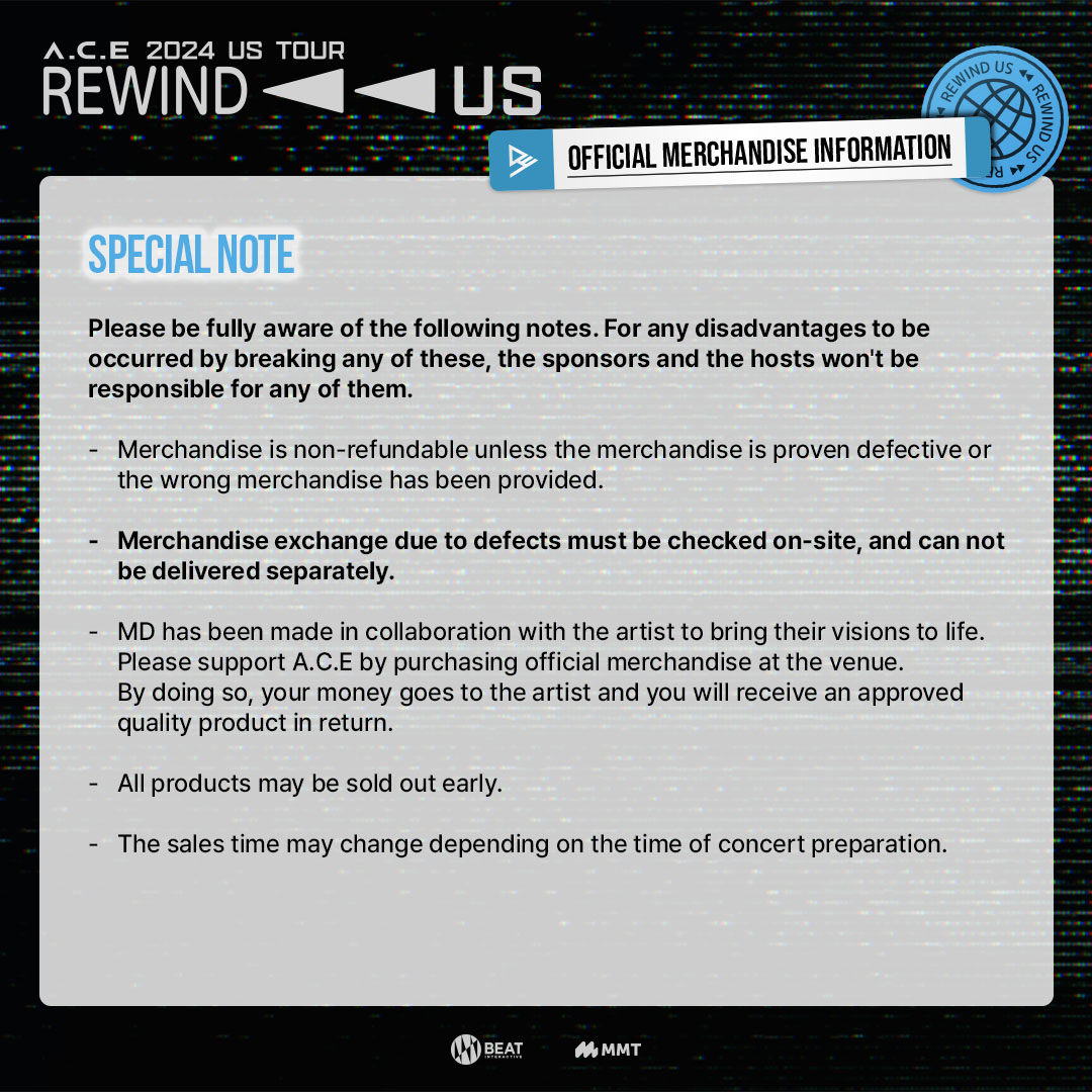 _mymusictaste's tweet photo. 📢A.C.E 2024 US Tour [REWIND_US] TOUR MD Announcement  

#CHOICE, Get ready for A.C.E 2024 US Tour [REWIND_US]😎

🛍️Official #ACE Tour MD - ONLY available at the venue on show days!✨

Also, don’t forget to purchase for👇🏻
Ticket🎫 https://t.co/EF03igsgq6
M&G📸 https://t.co/jJMV7I1uxx  

#ACE_2024USTour_REWINDUS
#ACE_REWINDUS #FindMyCHOICE 
#ACE #에이스