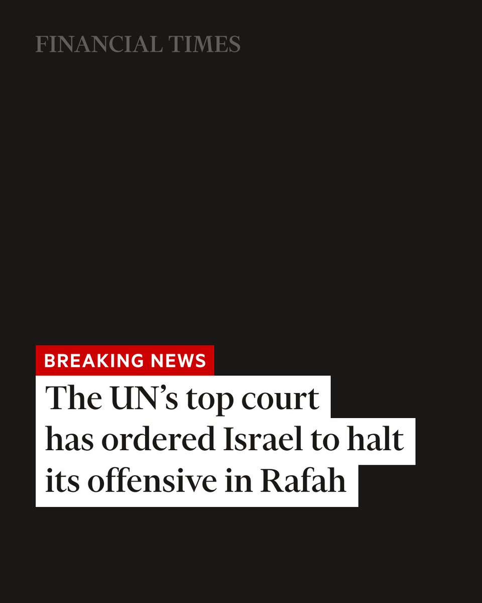 Breaking news: The UN’s top court has ordered Israel to 'immediately halt' its military offensive in Gaza's southern town of Rafah. More than 1mn Palestinians have fled to escape fighting elsewhere in the enclave ft.com/content/ce9c86…