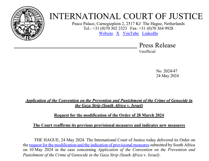 PRESS RELEASE: the #ICJ reaffirms its previous provisional measures and indicates new measures in the case #SouthAfrica v. #Israel tinyurl.com/2p9fczzv