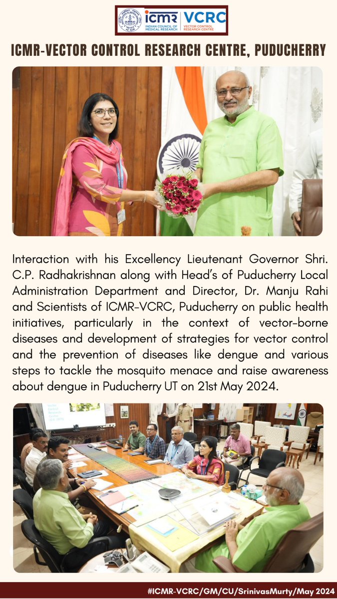 ICMRVCRC's tweet image. Director @RahiManju and @ICMRVCRC team met The Hon&apos;bl @LGov_Puducherry Shri C.P. Radhakrishnan to discuss vector control and dengue prevention strategies. #CollaborativeEfforts to combat mosquito-borne diseases! #VectorControl #PublicHealth #DengueAwareness #Puducherry @ICMRDELHI