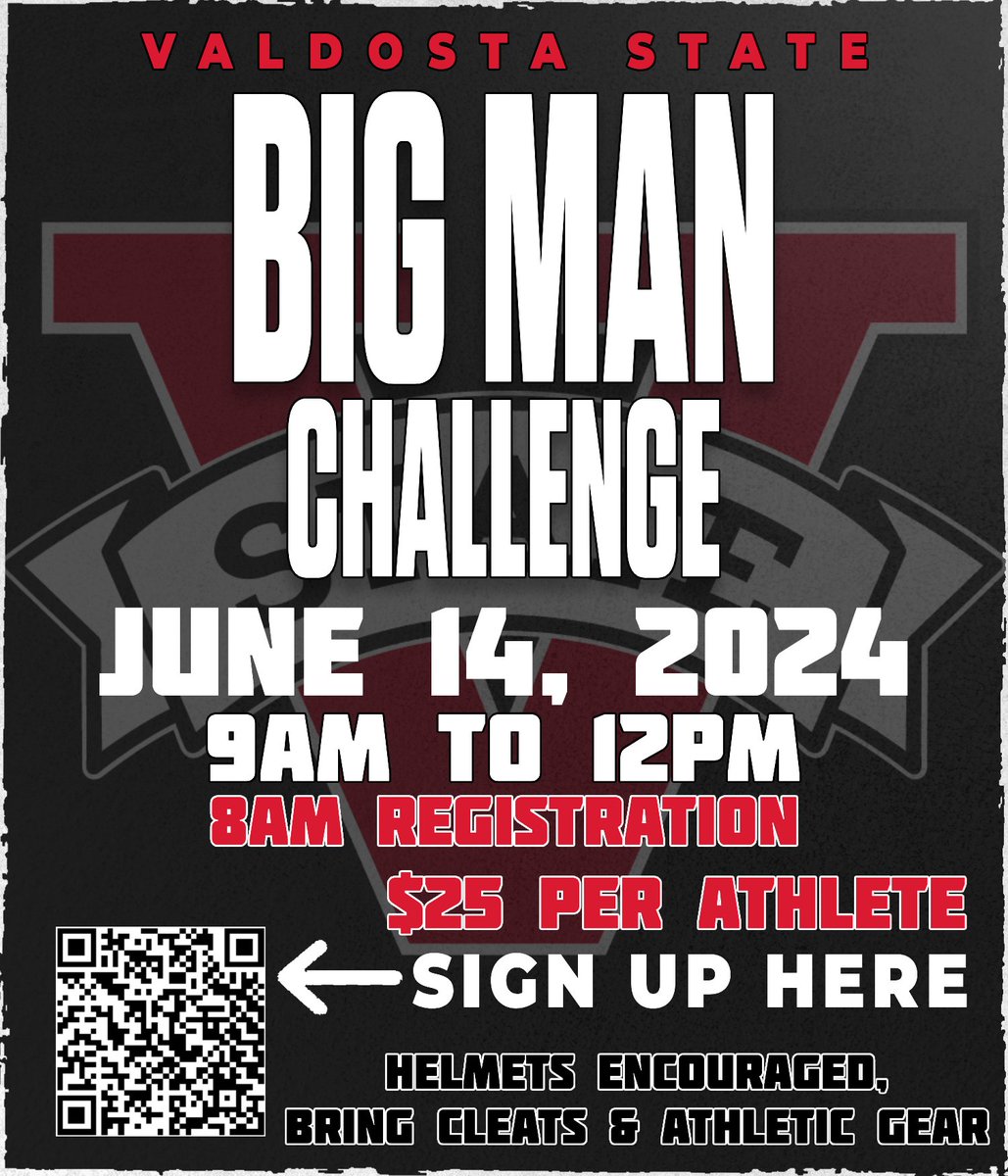 ⚫️🔴GET SIGNED UP🔴⚫️ Our Big Man Challenge will take place on June 14th, from 9AM - 12PM💪 $25 per Athlete (Payment at the door) Helmets Encouraged Use the QR Code or this link below to sign up⬇️ forms.gle/DCR4n3v376K5o7… Email: bcarlson@valdosta.edu with questions #WTS