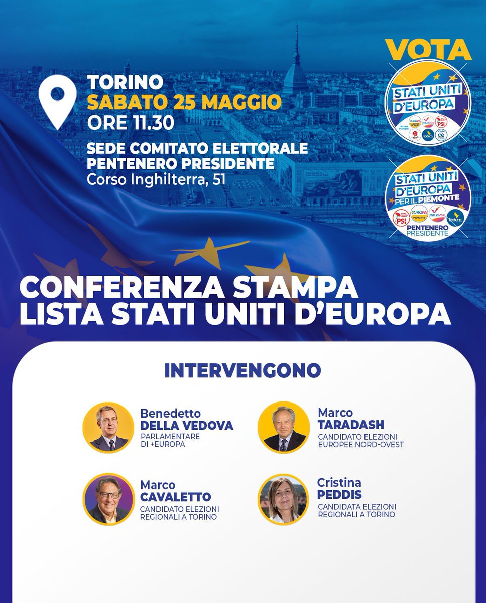 Domattina a Torino con @mrctrdsh, @MarcoCavaletto e @PeddisCristina, per gli #statiunitideuropa e per sostenere @GiannaPentenero alla presidenza della regione Piemonte!