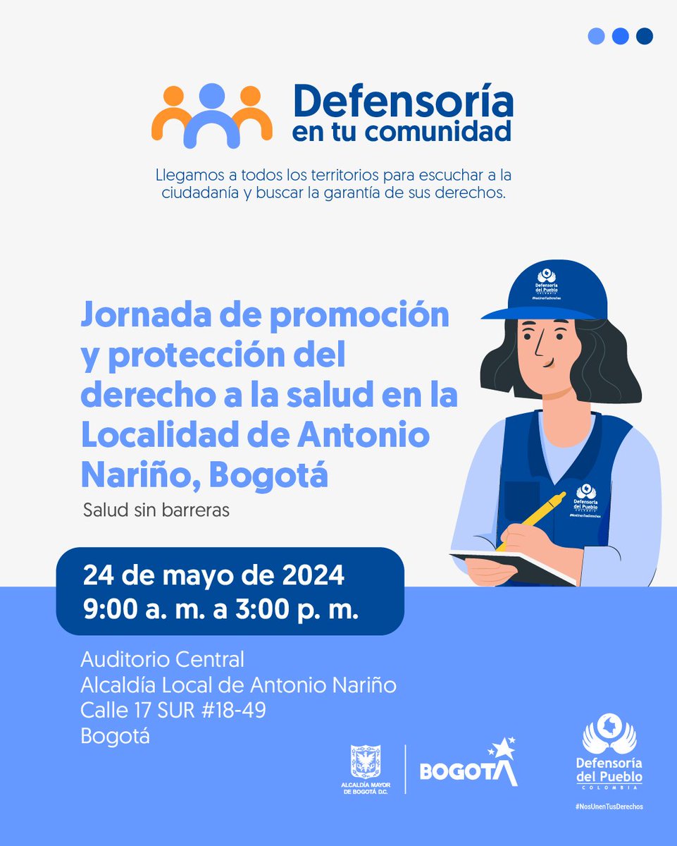¡La cita es hoy! Nuestra #DelegadaSalud te invita a la jornada de promoción y protección del derecho a la salud en #Bogotá. ¡Te esperamos! 🗓️ Mayo 24 ⏰ 9:00 a. m. a 3:00 p. m. 📍@ALantonionarino