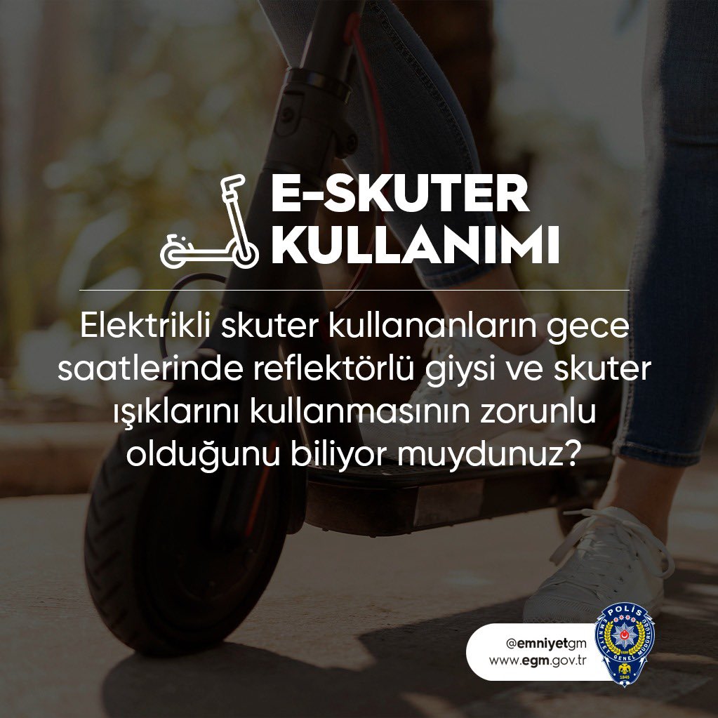 E-Skuter Kullanırken👇🏻

⚠Kaskınızı Takmayı
⚠Gece Saatlerinde Farları Açmayı
⚠Ayrılmış Bir Bisiklet Yolu Varsa Taşıt Yolunu Kullanmamayı

UNUTMAYIN❗

#Trafik
#Polis