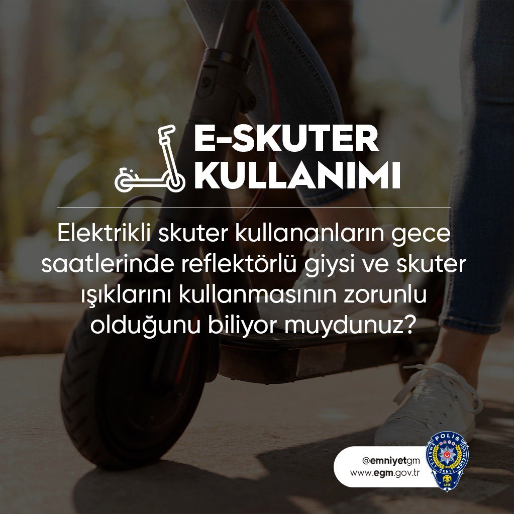 E-Skuter Kullanırken👇🏻 ⚠Kaskınızı Takmayı ⚠Gece Saatlerinde Farları Açmayı ⚠Ayrılmış Bir Bisiklet Yolu Varsa Taşıt Yolunu Kullanmamayı UNUTMAYIN❗ #Trafik #Polis