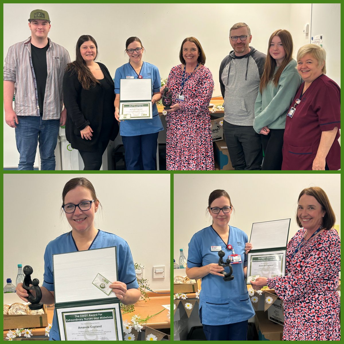💚 Congrats to our latest #DAISYAward honouree, Teenage &amp; Young Adult Advanced Clinical Nurse Specialist Amanda Copland. She's pictured here with Nurse Director June Barnard and the Bartlett family who nominated Amanda for her care of their son, Aidan. #NHSGDAISY #ProudToBeNHSG