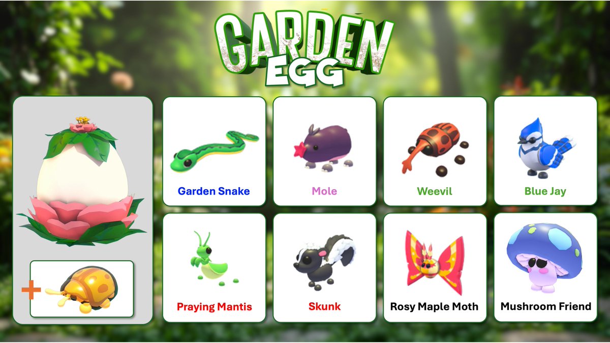 Garden Egg releases into #AdoptMe in 1 HOUR! 🌻💐🪻🌸🌹🥚 Here are all 8 garden pets + the 1 secret legendary golden tortoise beetle! Which is your favorite? Who else is excited for this egg!