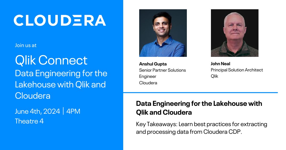 The Cloudera team is heading to #QlikConnect to discuss data best practices. 

Stop by booth #105 to meet our team, and don’t miss our session on data engineering for the lakehouse. #ClouderaPartners