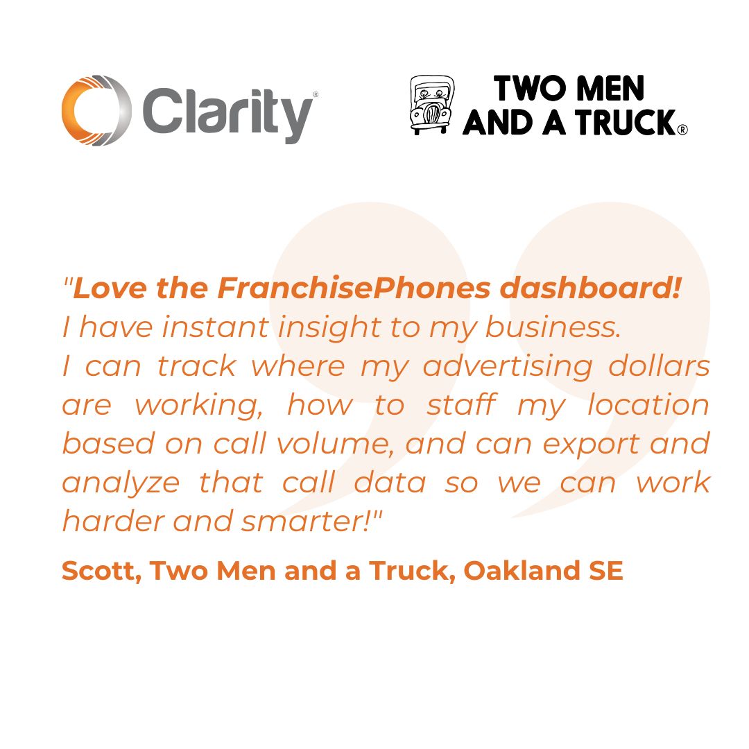 ClarityVoice1's tweet image. At Clarity Voice, we love seeing our clients thrive!🙌 Scott from @TwoMenAndATruck is wisely using the #calldata from the Clarity dashboard to make smart #businss decisions. You can too—just reach out today to get started! 🤩 bit.ly/3y3lq9m