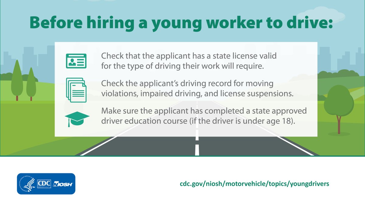 Employers: Use recommended strategies to develop programs and policies that follow safe-driving laws for young workers: bit.ly/4bpHFoz #GlobalYouthTrafficSafetyMonth #GYTSM
