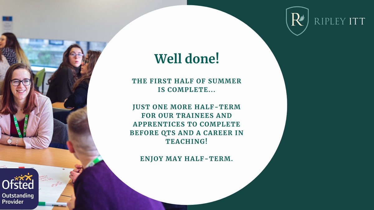 The year has flown by!

We've only got one more half-term until our trainees and apprentices are recommended for QTS. They've worked extremely hard and we're so proud of all of them.

Enjoy your last half-term - not long to go!

#traintoteach #getintoteaching