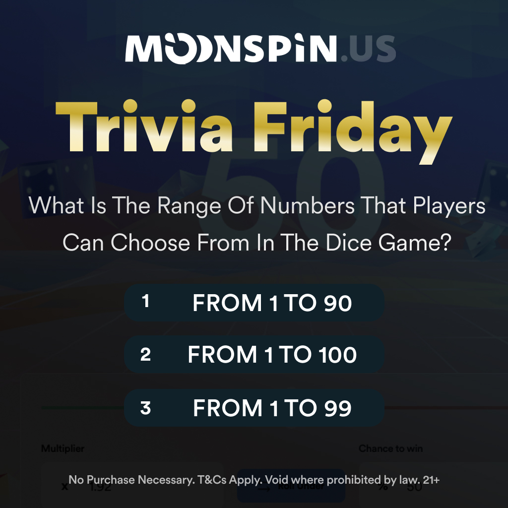 🎉 Prepare for an exhilarating Trivia Friday 🎉

What is the range of numbers that players can choose from in the Dice game?

Drop your answer in the comments below! Let's see who can get it right! 💡

#BetAndWin #Dice #SweepstakeCasino #PlayOnline #PlayAndWin #CasinoGames