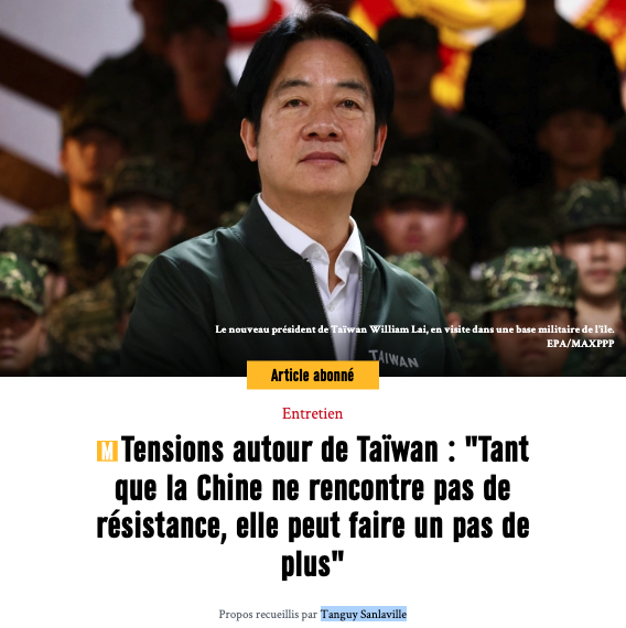 Les « séparatistes » de Taïwan 🇹🇼 finiront « dans le sang », a averti Pékin 🇨🇳 après avoir lancé des exercices militaires de grande ampleur autour de l'île, ce 23 mai. Le but selon Pékin est d'envoyer un « sérieux avertissement » aux « séparatistes », trois jours après