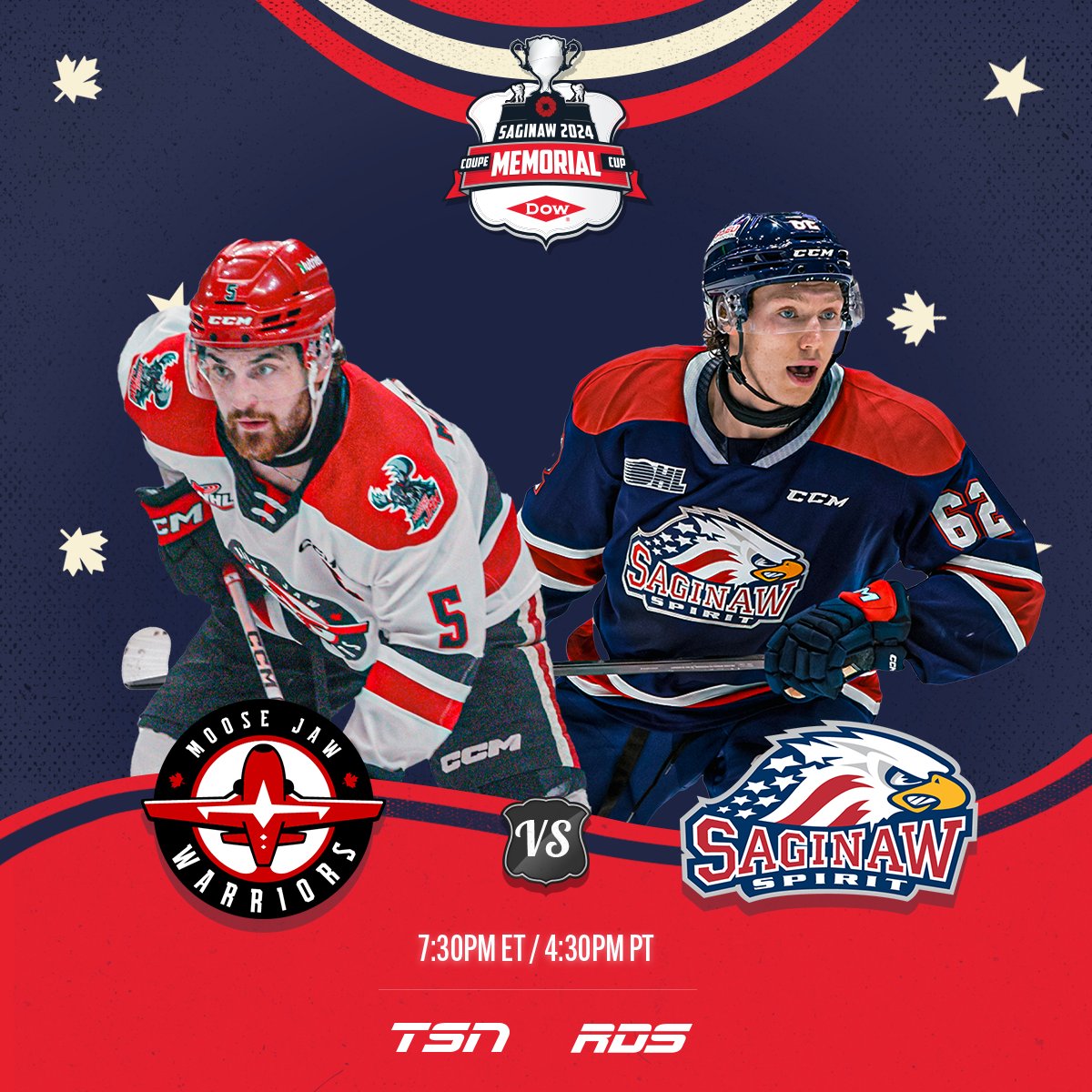 Game 1 of the 2024 #MemorialCup presented by <a href="/DowNewsroom/">Dow</a> is tonight!

📍 Dow Events Center 
🕢 7:30pm ET / 4:30pm PT
📺💻📱 TSN 1/5 | RDS | NHL Network (🇺🇸) | #CHLTV (🌍)