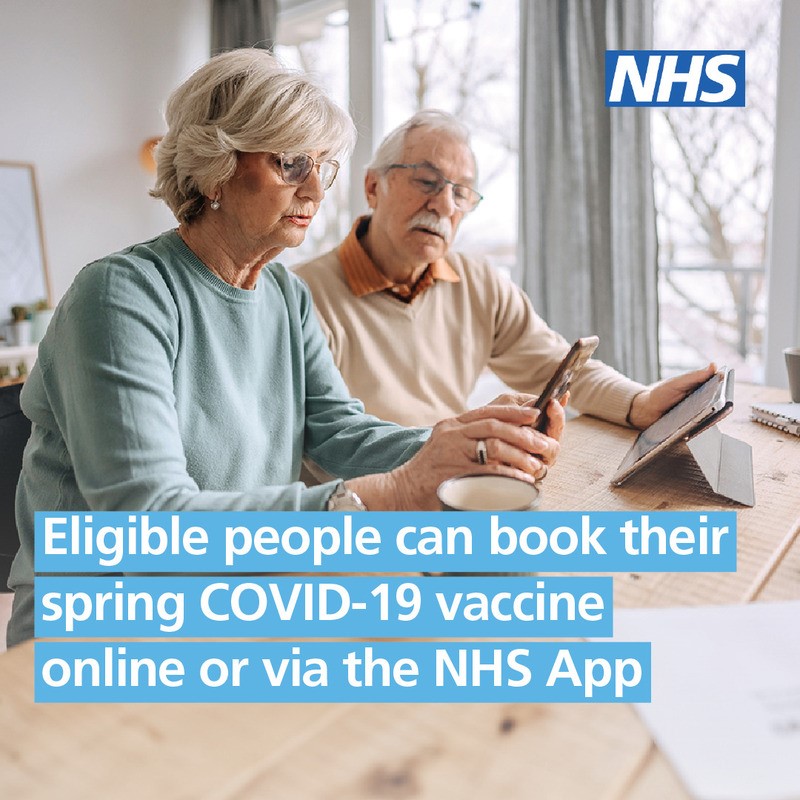 You can now book your spring COVID-19 vaccine online or via the NHS App if you are eligible. Find out more and book now at nhs.uk/book-vaccine