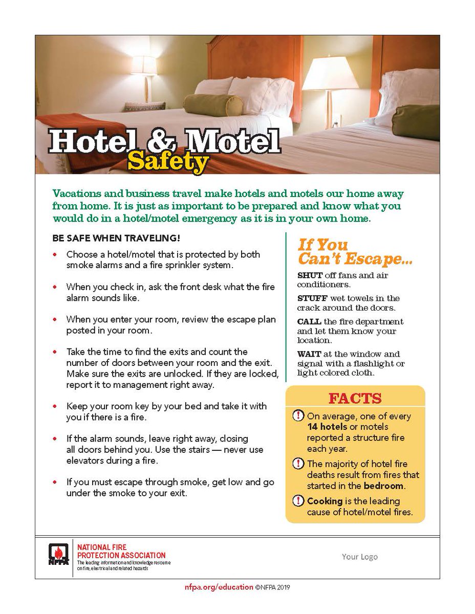 Going away and staying in a hotel/motel for #MemorialDay can be restful and relaxing. But it is just as important to be prepared and know what to do in a hotel/motel emergency as in your home. Prepare for your next trip here: nfpa.social/7iia50RP5ha