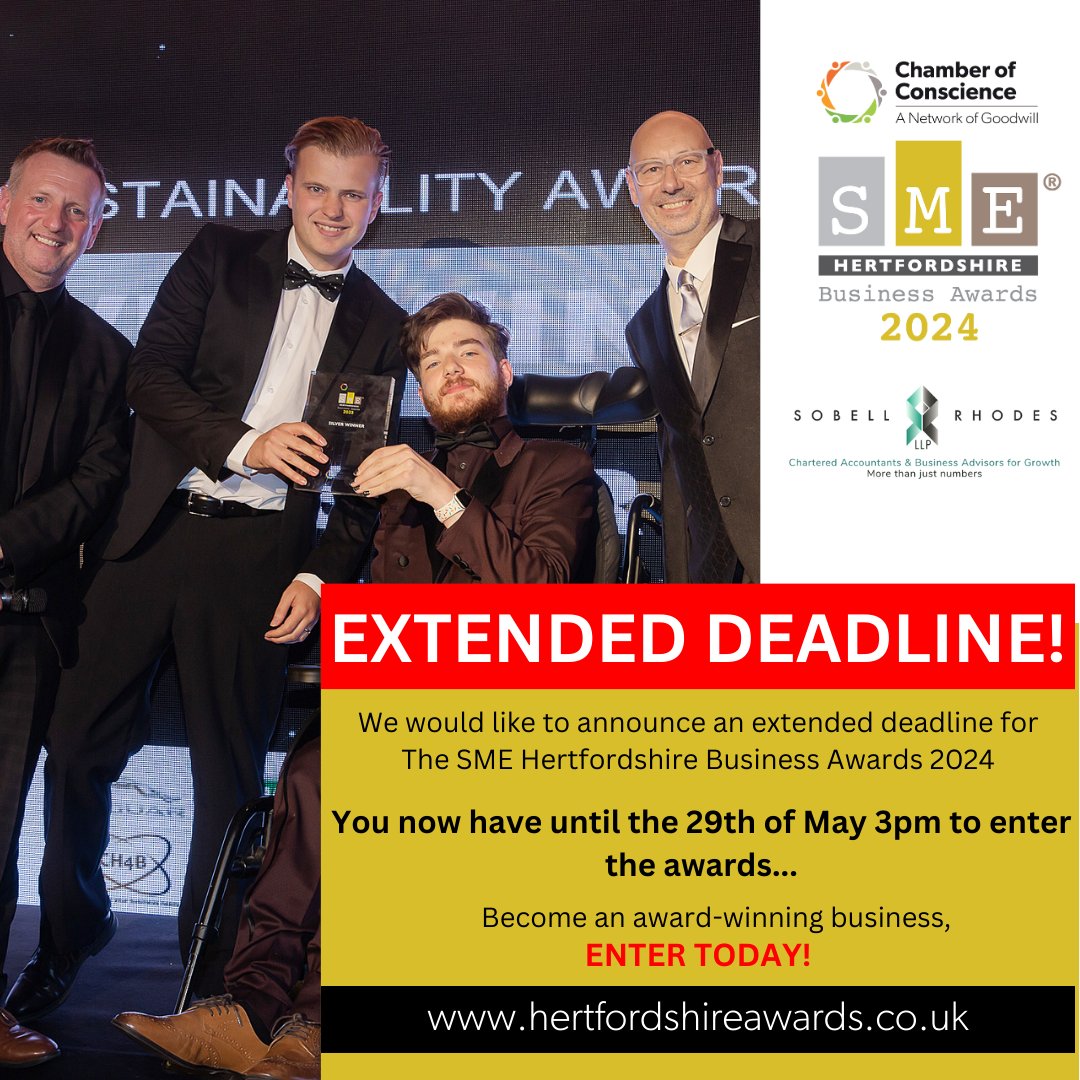 🥳 We are pleased to announce that there is now an EXTENDED deadline for the #SMEHerts Business Awards 2024! ❗If you thought you missed out, not to worry, you now have until Wednesday 29th May 3pm to get your entries completed. Begin your entry TODAY👉 tinyurl.com/586h6ss9