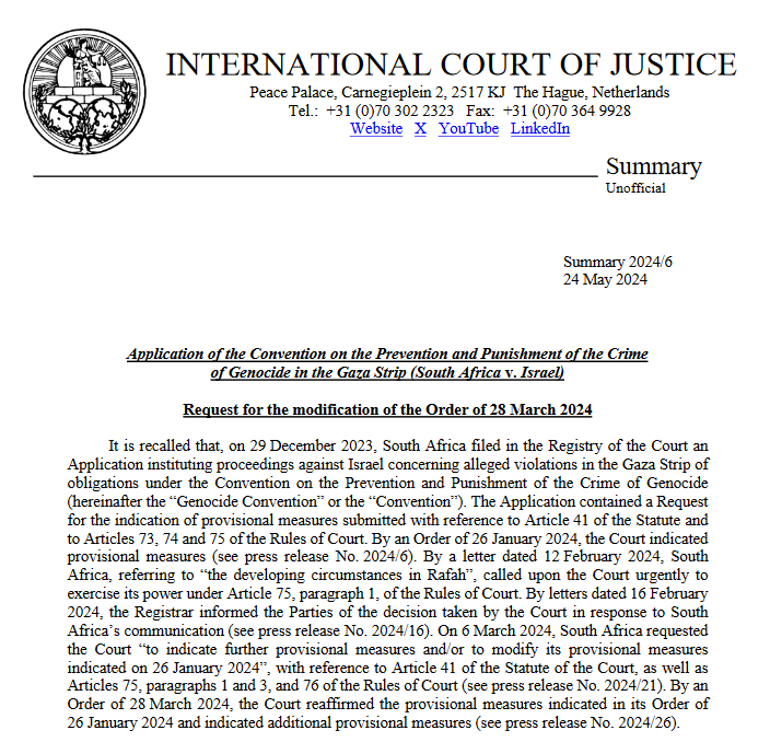 READ HERE: a summary of the #ICJ Order on the request of South Africa of 10 May 2024 for the modification of the Order of 28 March 2024 in the case #SouthAfrica v. #Israel tinyurl.com/mr323mvx