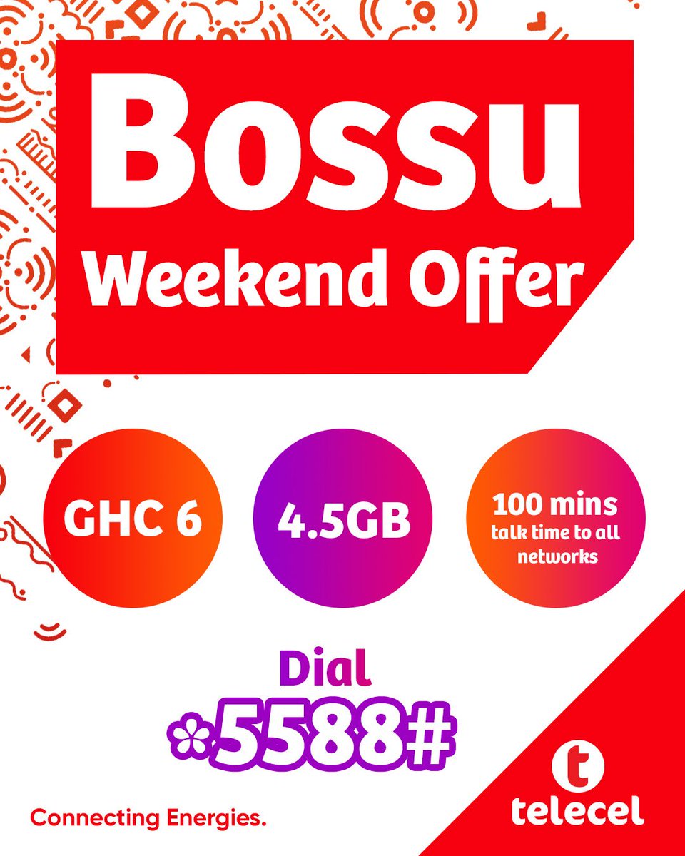 Do more with 4.5GB data and 100 minutes talk time to all networks when you subscribe to our Bossu Weekend offer with only GHC6. Dial *5588# to subscribe now. #Telecel #ConnectingEnergies #BossuWeekend