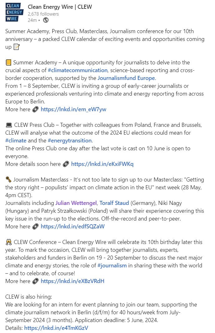 Excitingly packed calendar with us at <a href="/cleanenergywire/">Clean Energy Wire</a> over the coming months!

Summer Academy, Press Club, Masterclass, Journalism conference for our 10th anniversary 

linkedin.com/posts/cleanene… #journalism #climateaction